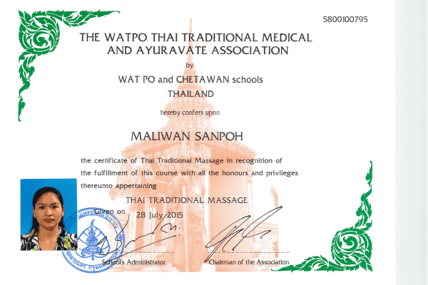 Wat Po Thai Traditional Medical and Ayuravate Association Certificate — Maliwan Malone