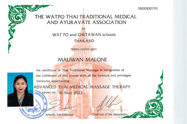 Wat Po Thai Traditional Medical and Ayuravate Association Certificate — Maliwan Sanpoh