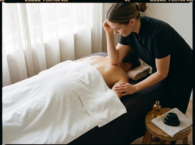Therapist applying steady mid-deep pressure with a forearm along the client's upper back and shoulder, the client relaxed